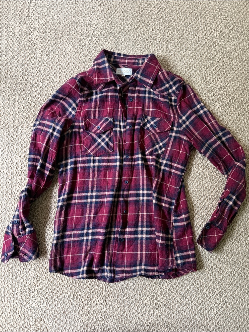 Ci Sono Burgundy and Navy Plaid Button-Down Shirt